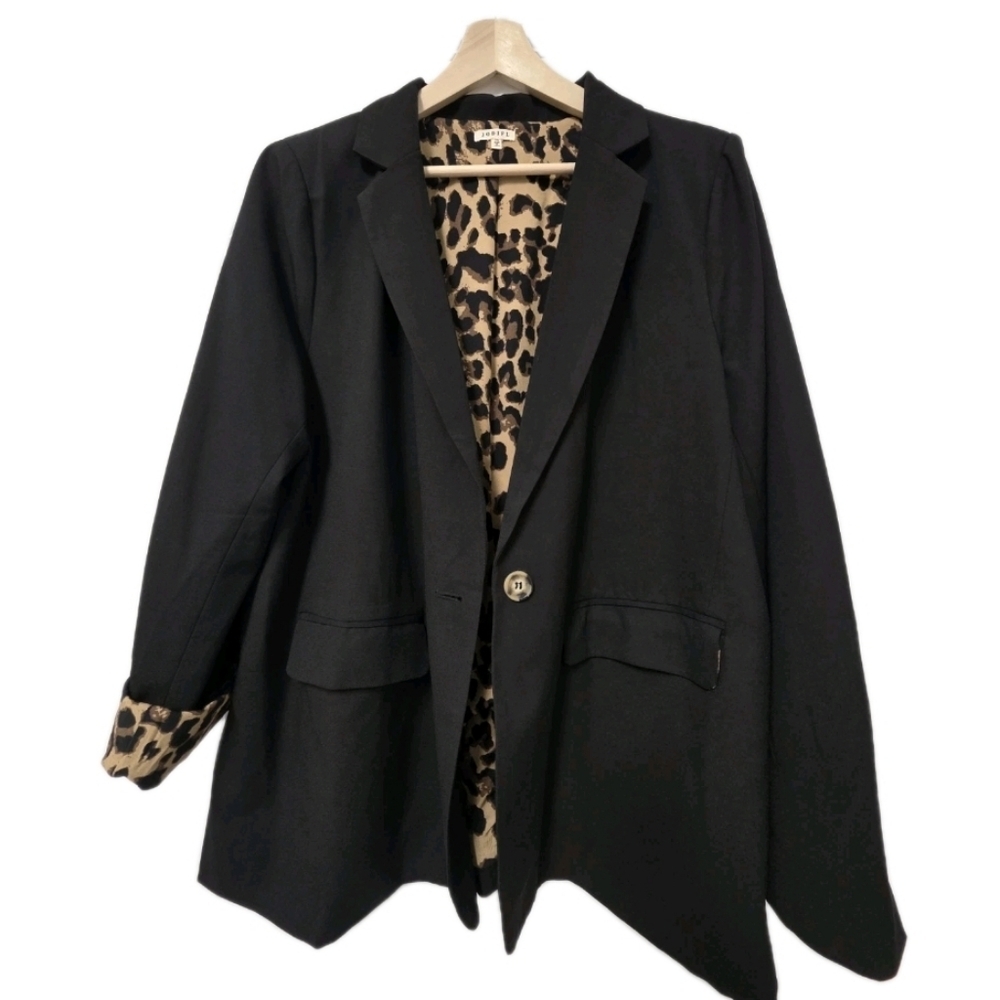 Jodifl Plus Black Blazer Leopard Print Lining Size 2x Roll Sleeve Lepoard Cuff - Picture 2 of 9